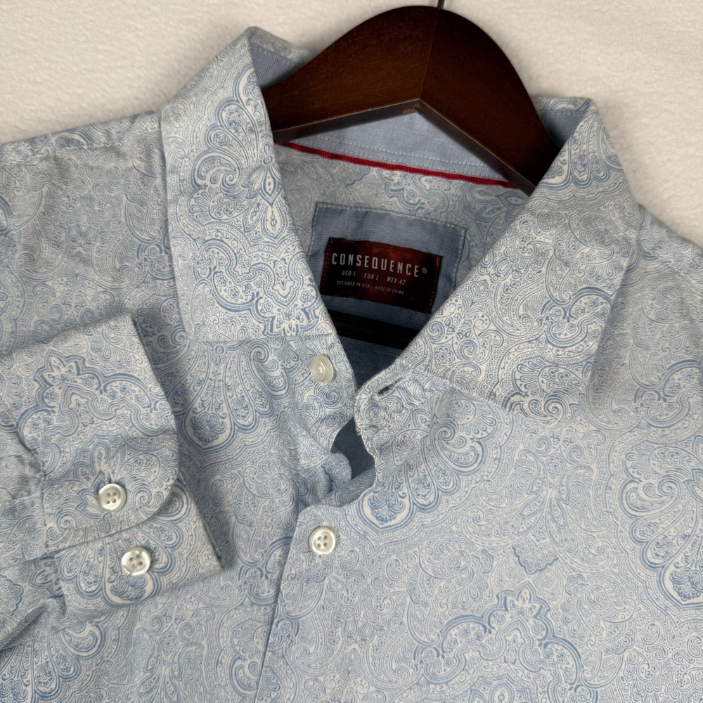 Consequence‎ Mens L Light Blue Paisley Western Button Up Shirt Cowboy Rodeo